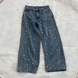 Pearl Embellished Wide-Leg Jeans